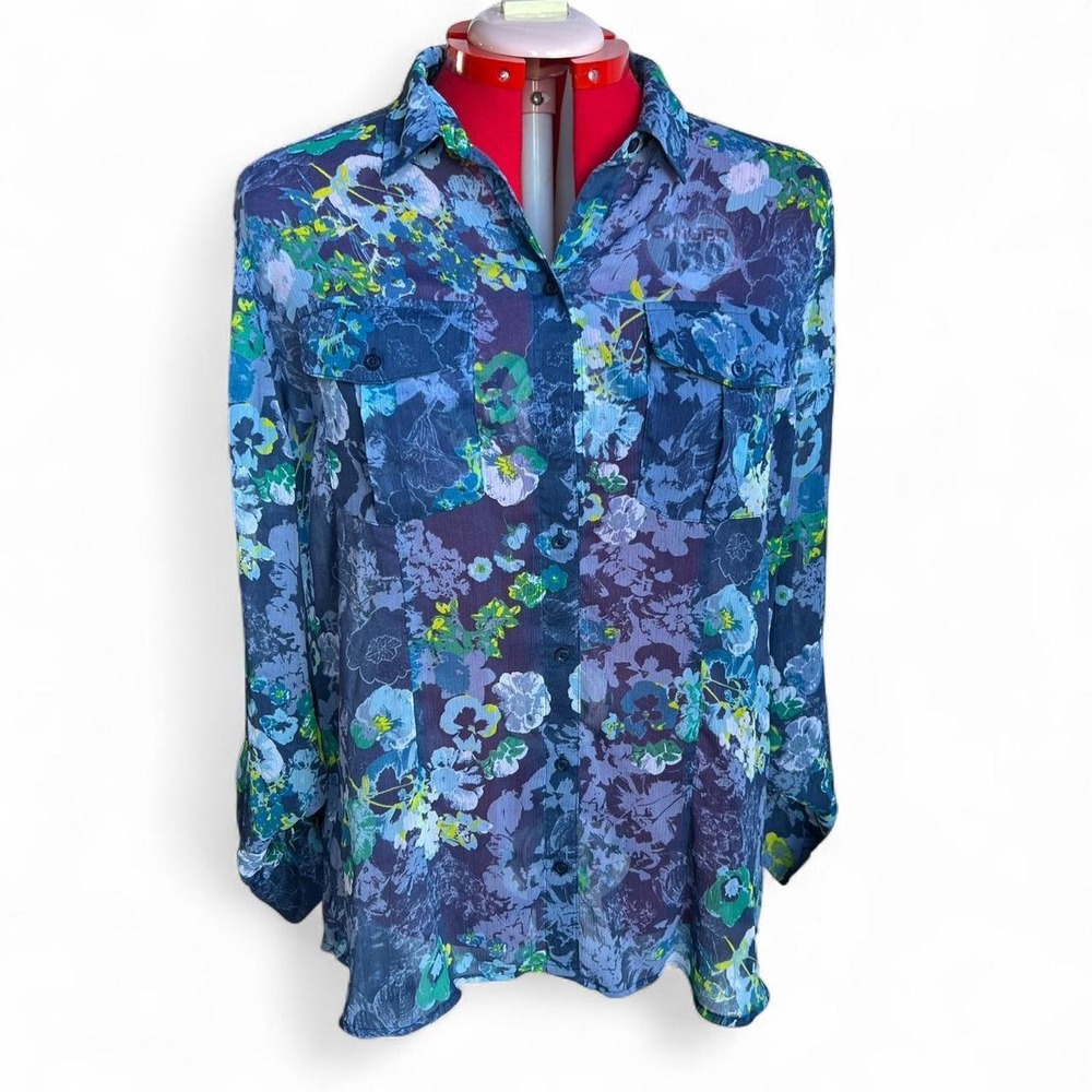 Eddie Bauer Blue Sheer Floral Button Up Blouse Cottagecore Fairycore Whimsical